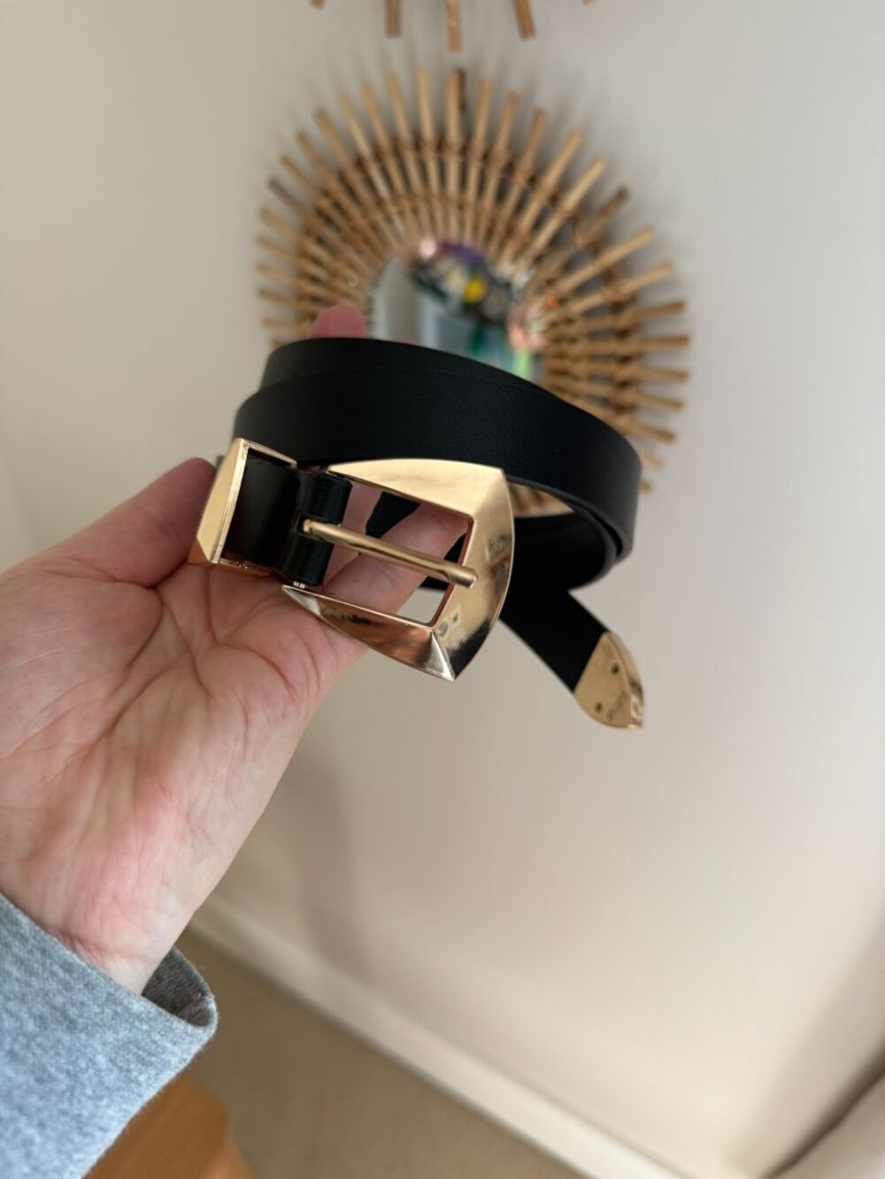 Ichi Black Leather Belt with Geometric Buckle 85cm